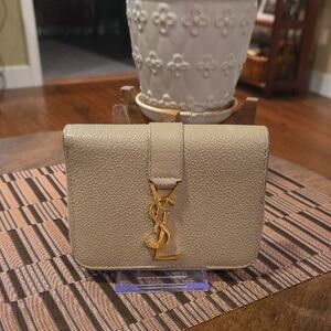 Authentic Yves Saint Laurent Taupe Leather Wallet with Gold Logo